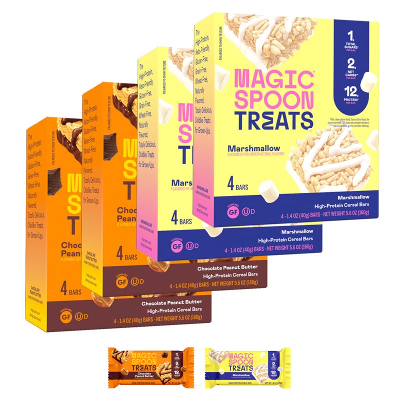 MAGIC SPOON Treats - High Protein, Low Carb, Keto Friendly, Low Sugar, Gluten Free, Crispy Protein Bar Cereal Bar, On-The-Go Healthy Snack (8 Chocolate PB Bars, 8 Marshmallow Bars) - Image 1